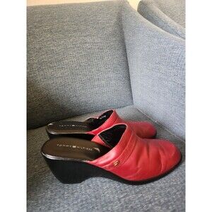 Tommy Hilfiger Women's Red Leather Clog Mule Slides Wedge Heels Size 10